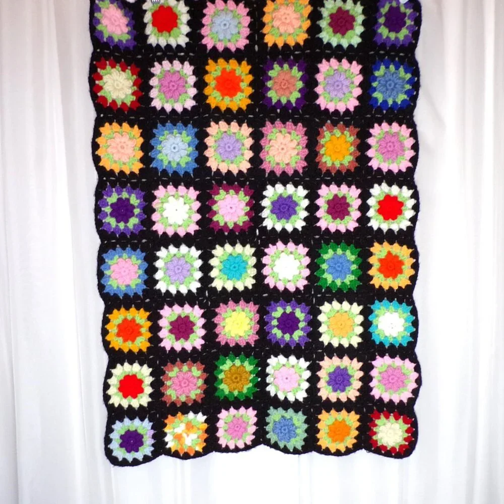 Granny Square Afghan Black 3D Flowers Throw Lap Blanket Small 34” X 25”